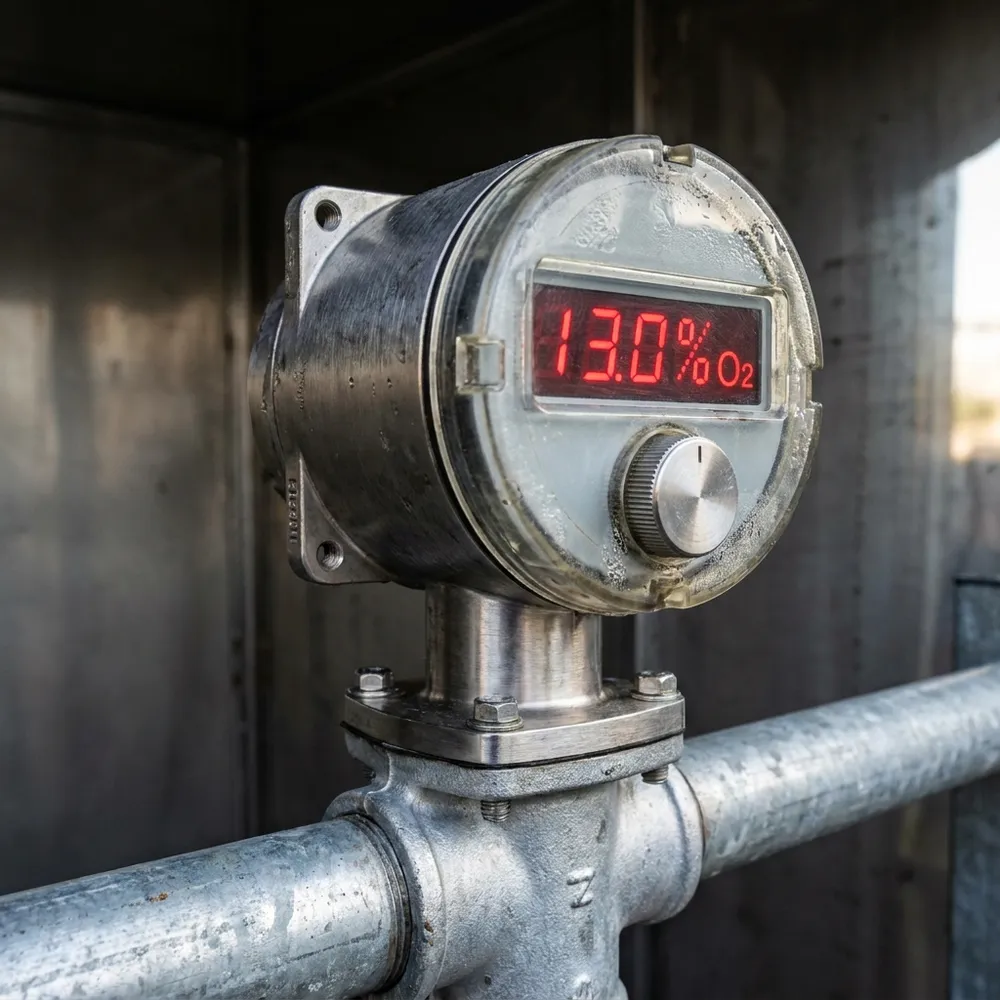 A professional oxygen-monitoring sensor reading 13.0% O₂ in the altitude room